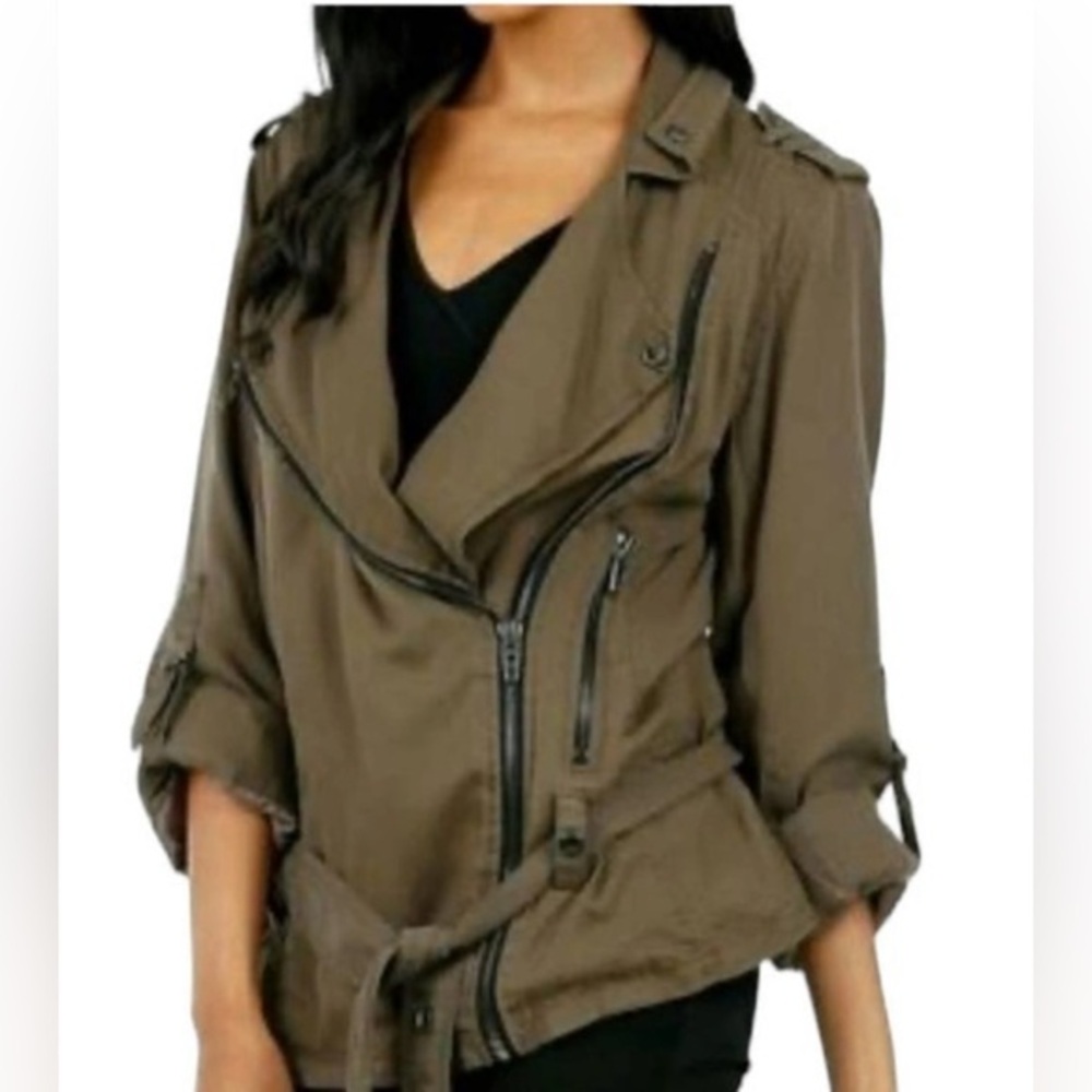 Blank NYC Moto Jacket zip up belted roll sleeves women’s olive green/brown small